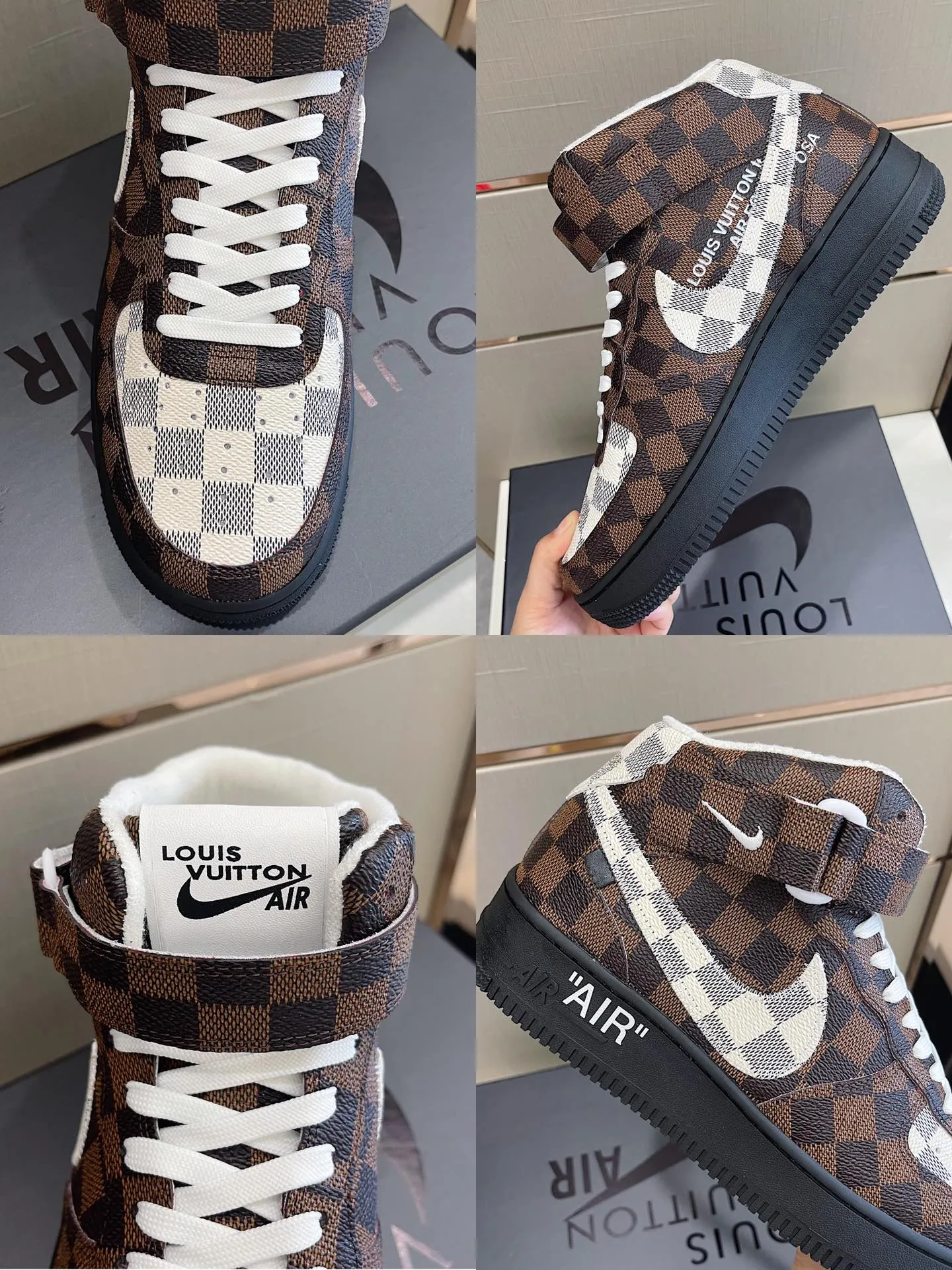 P480 Loui* Vuitto* x OFF-WHITE x Nike three-party collaboration! Trendy and cool men's high-top casual sports shoes with unrivaled color matching. The design idea basically continues the style of THE TEN. The Swoosh line and tongue label have a very familiar visual effect and are both fashionable and trendy! A must-have for fashionistas! The effect on your feet is absolutely stunning! Size: 38-45
